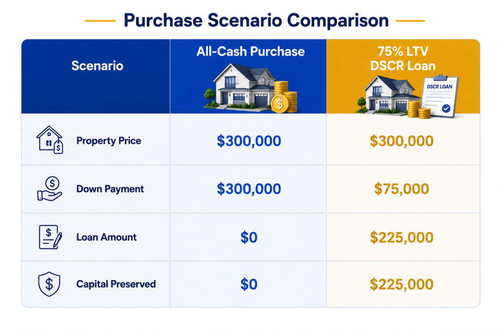 Infographic comparing an all-cash real estate purchase with a 75% LTV DSCR loan on a $300,000 investment property. The comparison shows an all-cash buyer investing $300,000 upfront with no loan and no capital preserved, while the DSCR loan scenario requires a $75,000 down payment, a $225,000 loan amount, and preserves $225,000 in capital for future investments or liquidity.