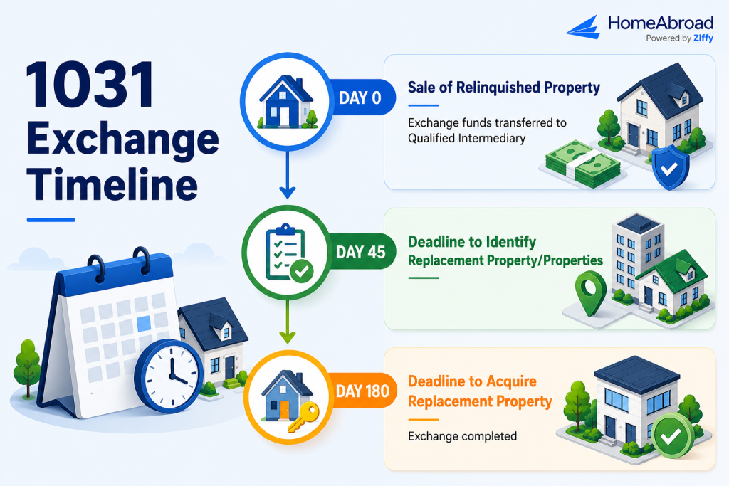 1031 exchange timeline showing Day 0 property sale, Day 45 replacement-property identification deadline, and Day 180 acquisition deadline.