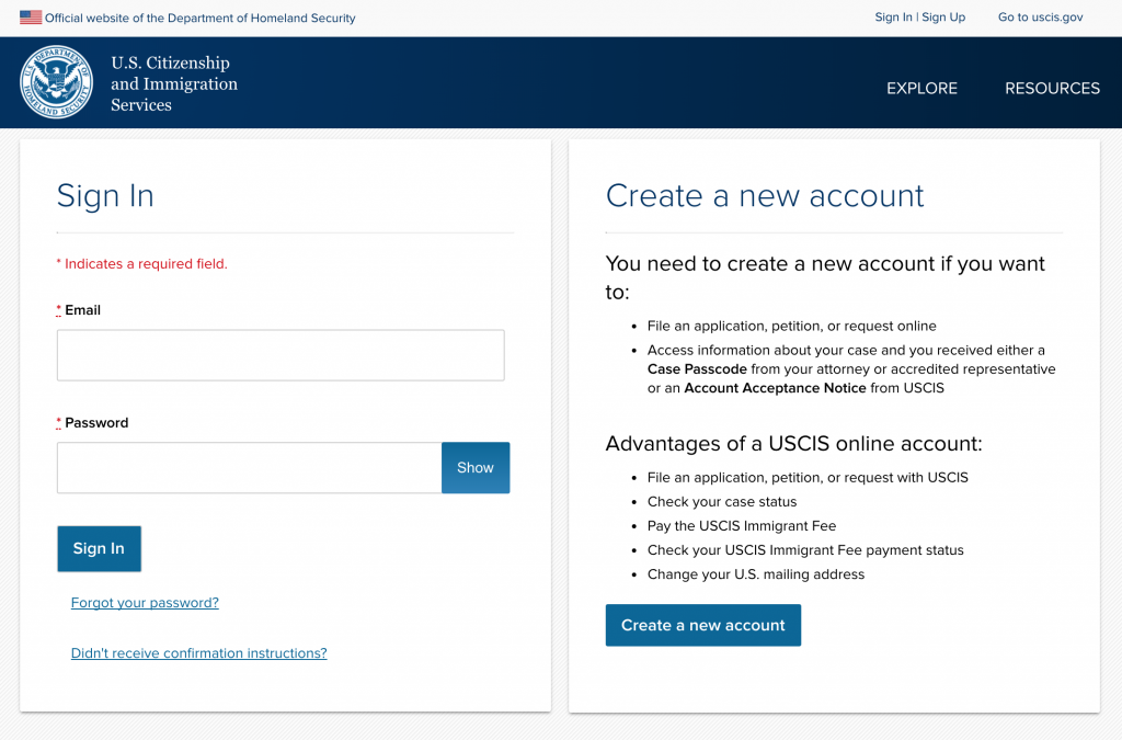 USCIS account sign up