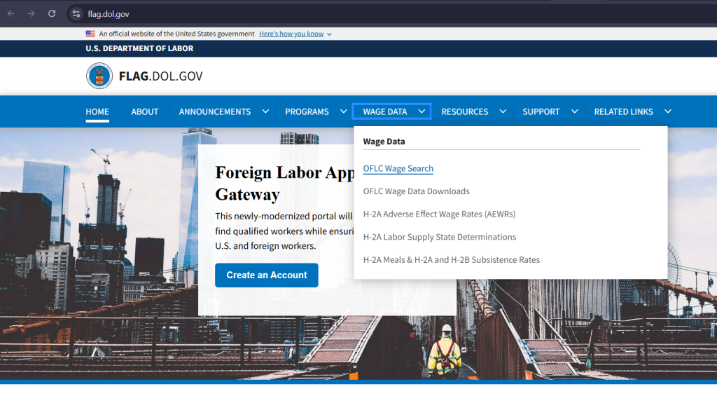 Foreign Labor Application Gateway website homepage