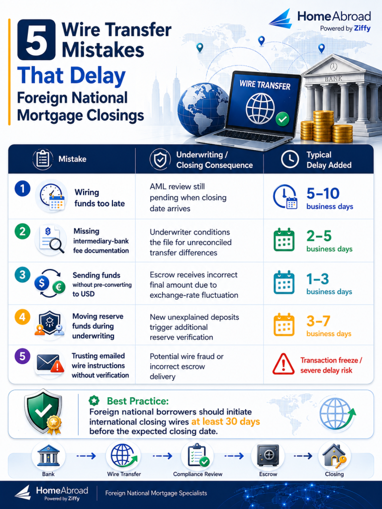 five wire transfer mistakes that delay foreign national mortgage closings and the underwriting consequences of each mistake.