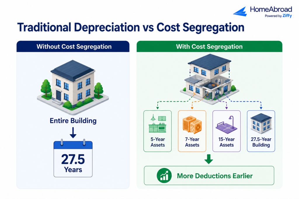 Traditional depreciation vs cost segregation comparison showing how a rental property can be separated into 5-year, 7-year, and 15-year assets to accelerate depreciation deductions instead of depreciating the entire building over 27.5 years.