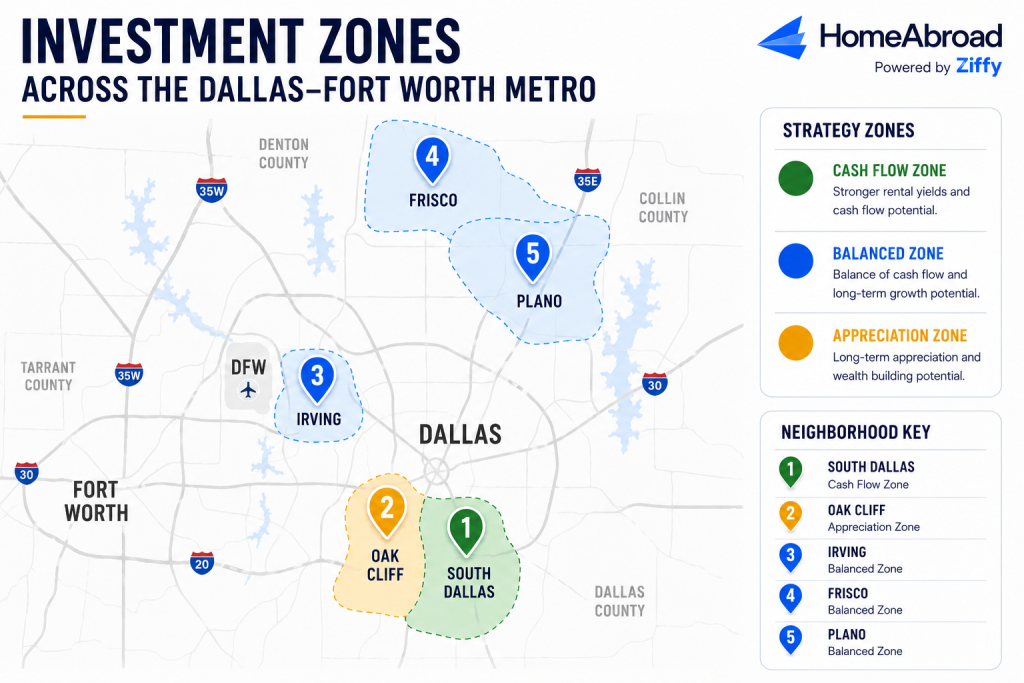 Dallas-Fort Worth investment map showing top neighborhoods for real estate investing, including South Dallas, Oak Cliff, Irving, Frisco, and Plano, categorized by cash flow, balanced, and appreciation strategies.