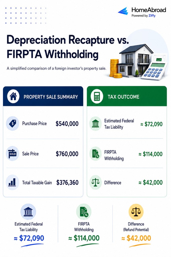 Chart showing a $540,000 property sale gain split between 25% depreciation recapture and standard capital gains tax