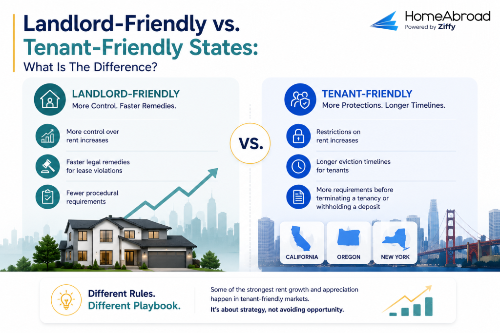"Infographic titled 'The Most Landlord-Friendly States for Foreign Real Estate Investors' by HomeAbroad. It features a map of the United States highlighting specific states—such as Texas, Indiana, Tennessee, North Carolina, and Florida—and outlines key benefits including stronger rights for property owners, faster remedies for lease violations, and a better environment for long-term returns.