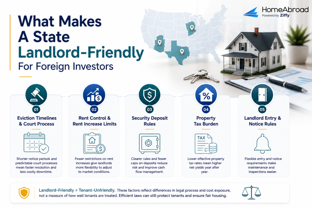 "Infographic titled 'What Makes A State Landlord-Friendly For Foreign Investors' by HomeAbroad. It highlights five key factors: eviction timelines and court processes, rent control and rent increase limits, security deposit rules, property tax burden, and landlord entry and notice rules."