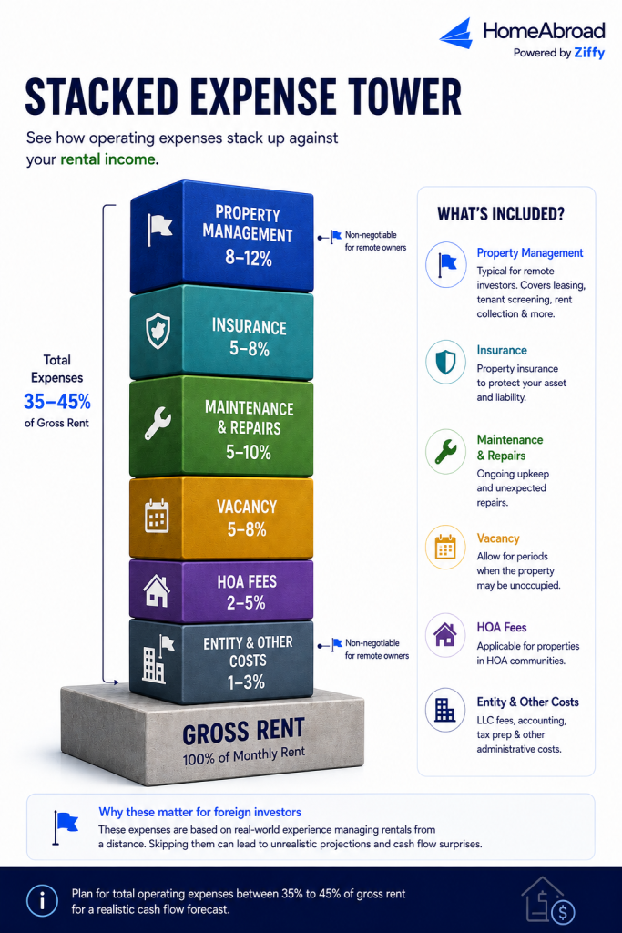 Infographic showing the typical operating expenses for a US rental property, including property management, insurance, maintenance, vacancy, HOA fees, and entity costs, totaling approximately 35% to 45% of gross rental income.