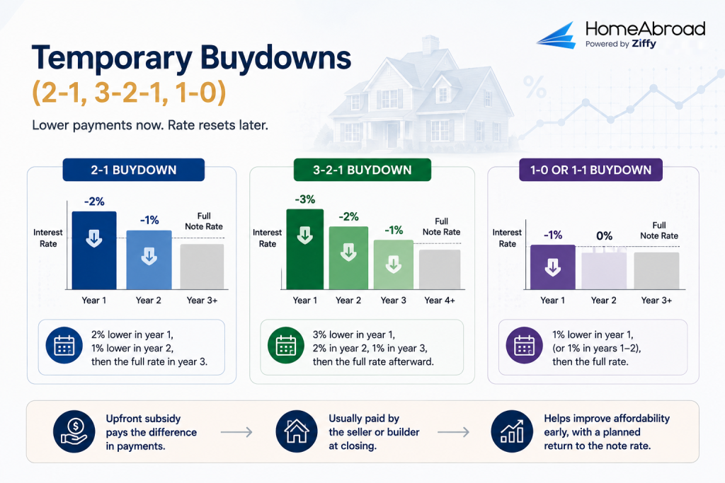 Infographic titled 'Temporary Buydowns (2-1, 3-2-1, 1-0)' by HomeAbroad, breaking down how interest rates are temporarily reduced during the initial years of a mortgage before resetting to the full note rate, typically funded by an upfront seller or builder subsidy.