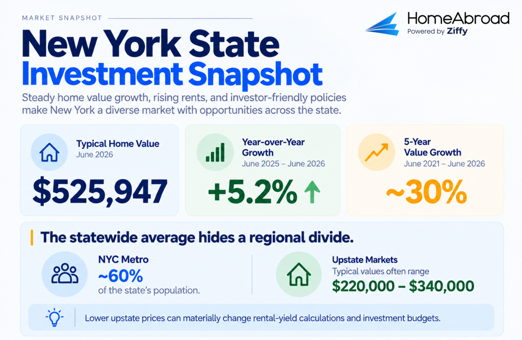 New York State housing market infographic showing a typical home value of $525,947 in June 2026, with 5.2% year-over-year growth and approximately 30% five-year growth. The graphic compares the NYC metro, representing about 60% of the state’s population, with upstate markets where typical home values range from $220,000 to $340,000.