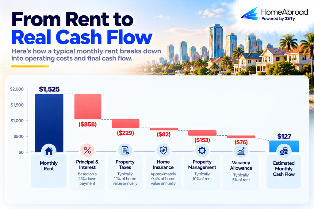 Waterfall chart showing how $1,525 in monthly rental income is reduced by principal and interest, property taxes, home insurance, property management, and a vacancy allowance, resulting in an estimated $127 monthly cash flow.