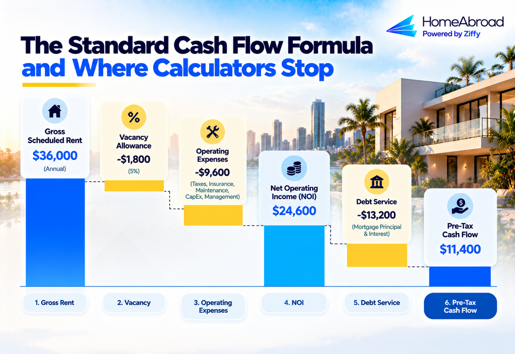Rental property cash flow waterfall from gross rent to pre-tax cash flow.