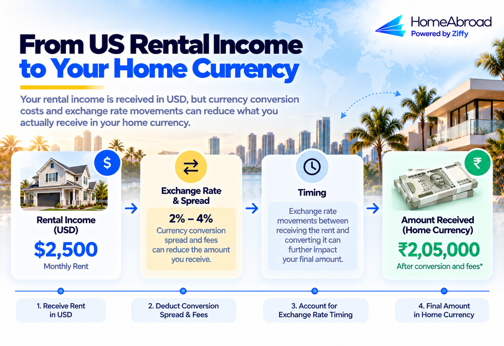 US dollar rental income converting to home currency after exchange spread and timing.